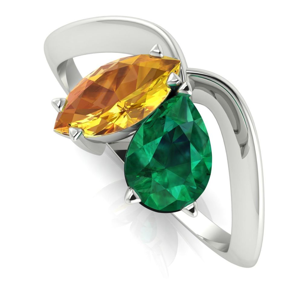 Entwined - Toi Et Moi - Emerald & Yellow Sapphire Ring - White Gold