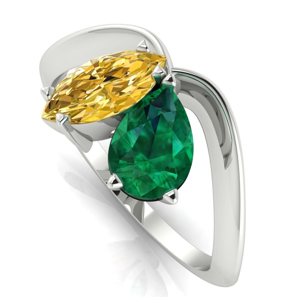 Entwined - Toi Et Moi - Emerald & Yellow Diamond Ring - White Gold