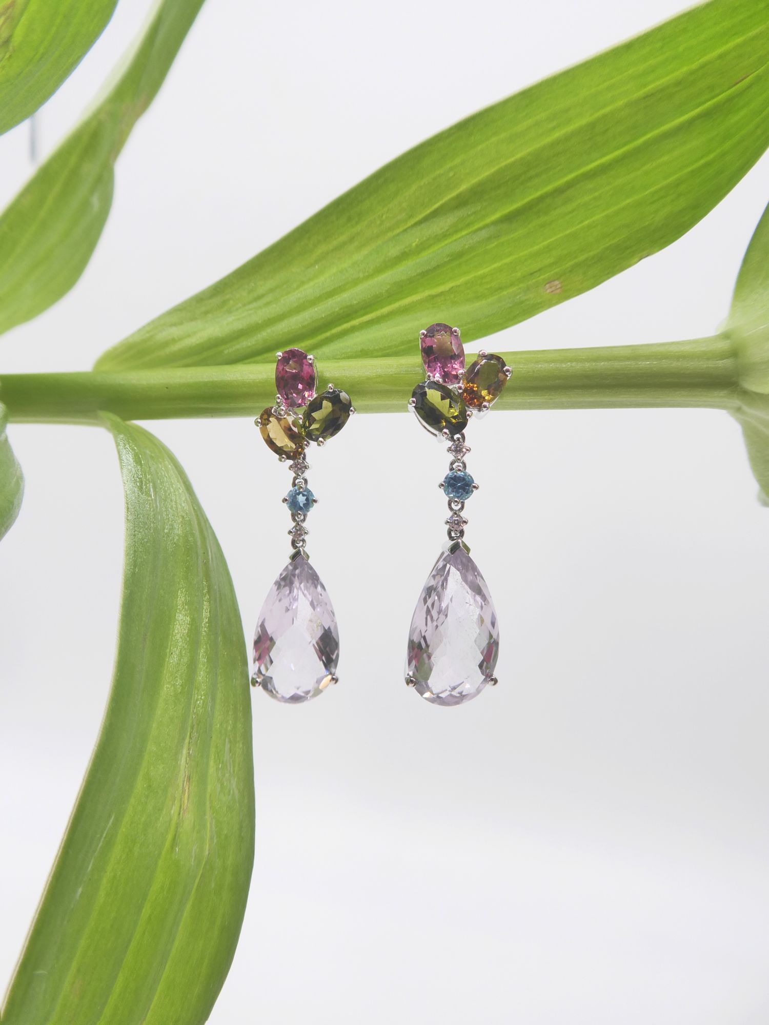 Amethyst, tourmaline and diamond drop earrings