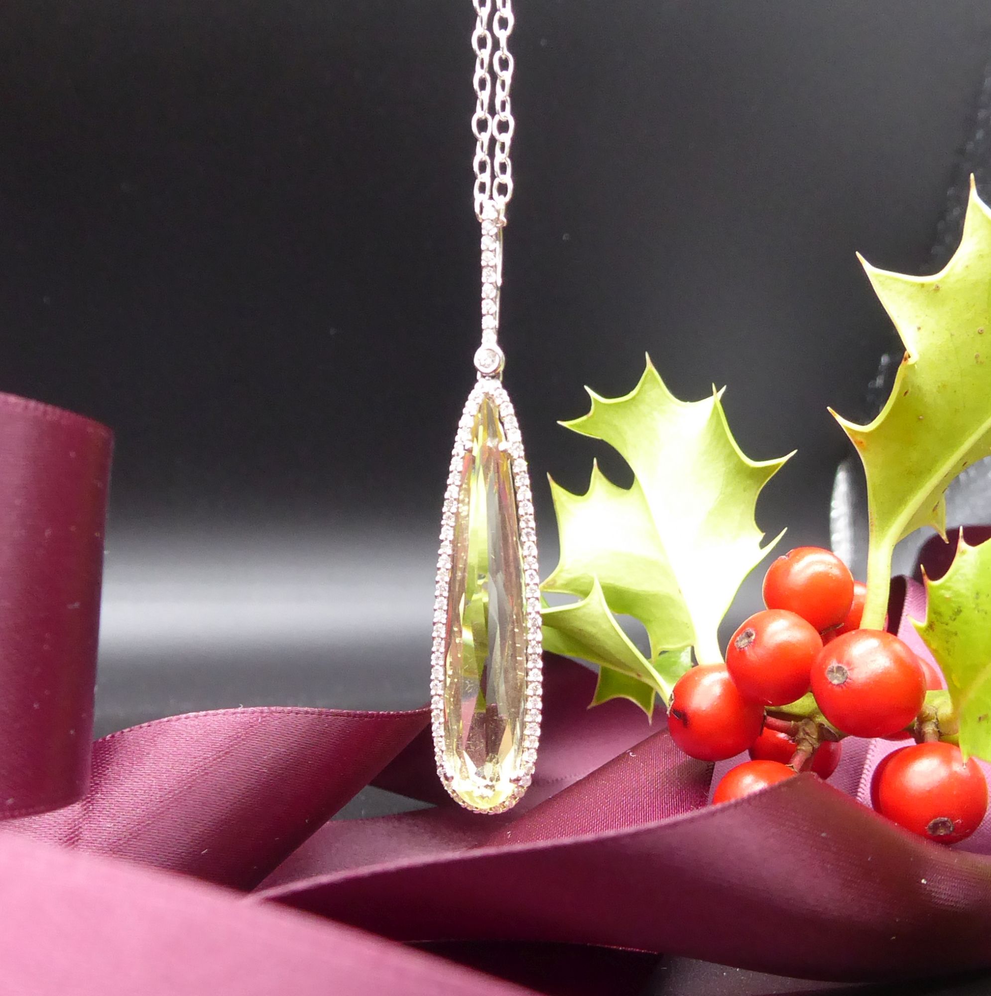 Lemon Quartz, Diamond Halo & White Gold Pendant