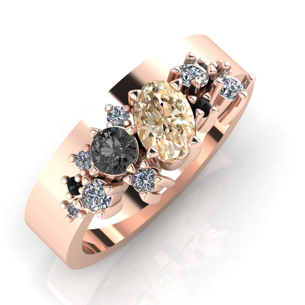 Crystallised Champagne Diamond, Black & White Diamonds -  Rose Gold Ring