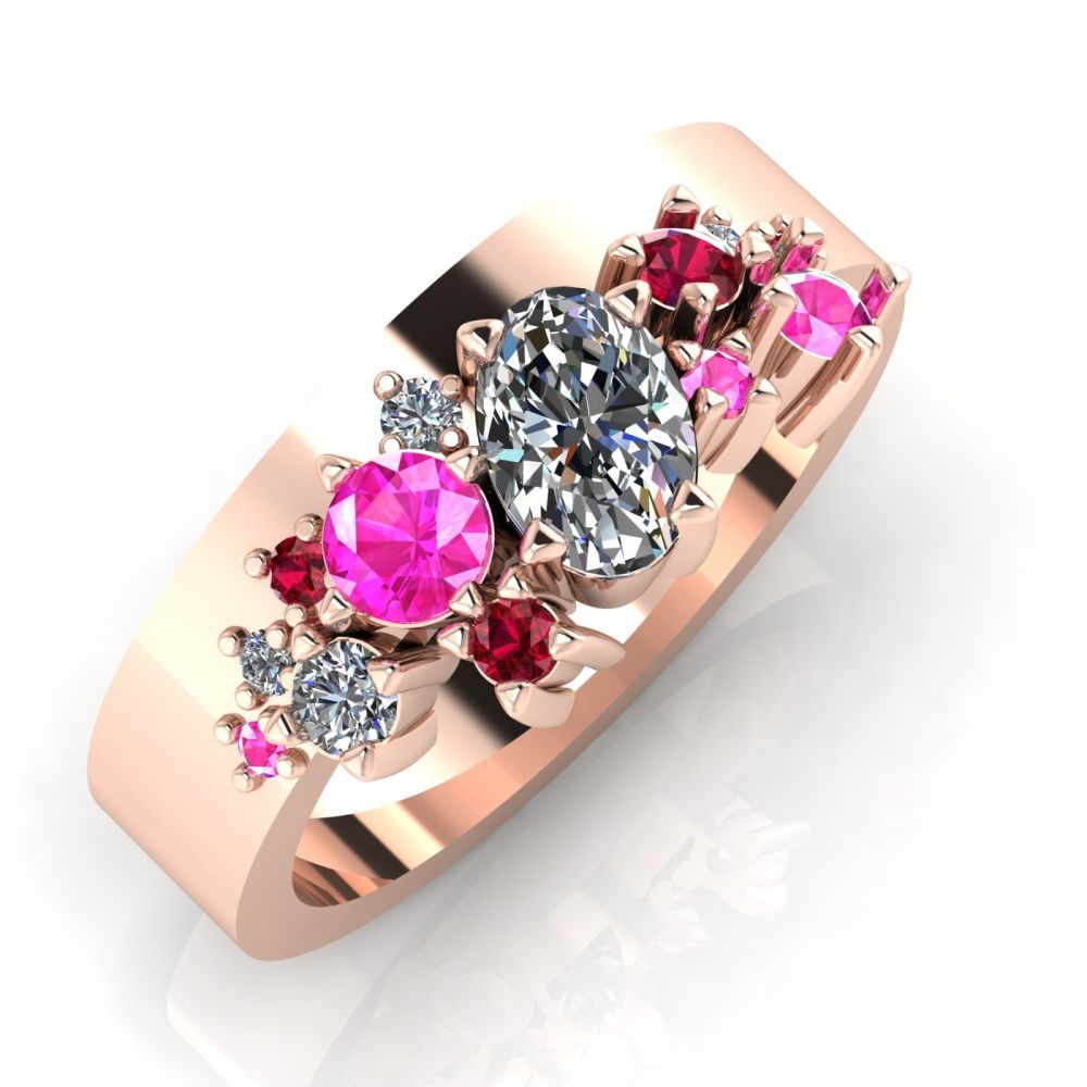 Diamond, Ruby & Pink Sapphire Crystallised Rose Gold Engagement  Ring