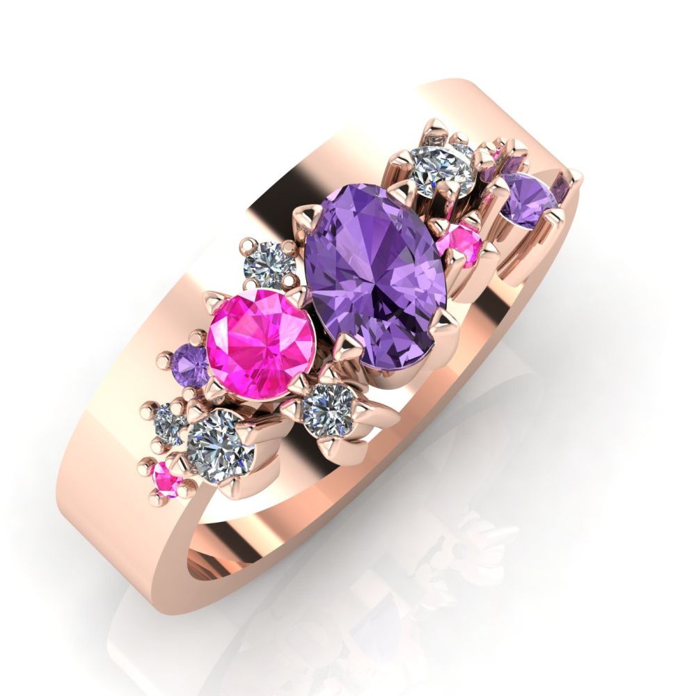 Violet  Sapphire, Pink Sapphire & Diamond Crystallised Rose Gold Engagement