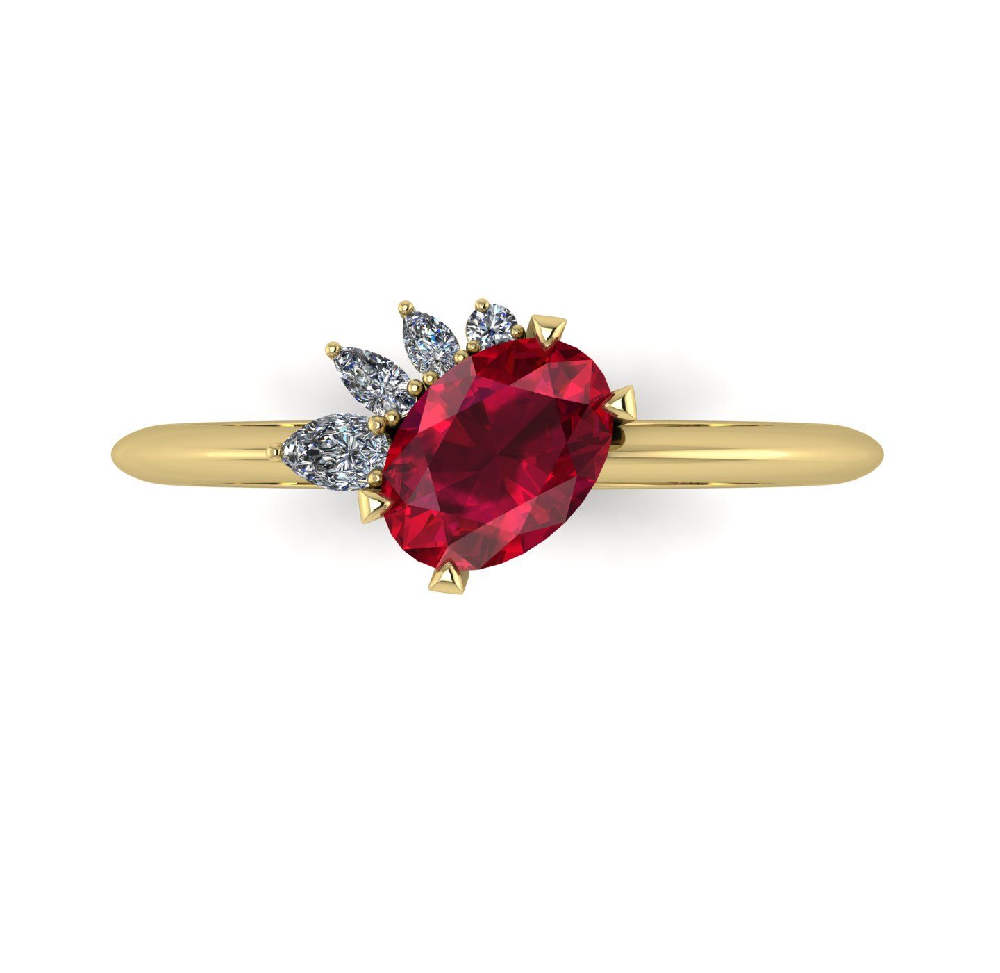 Oval ruby and diamonds asymmetrical engagement rings