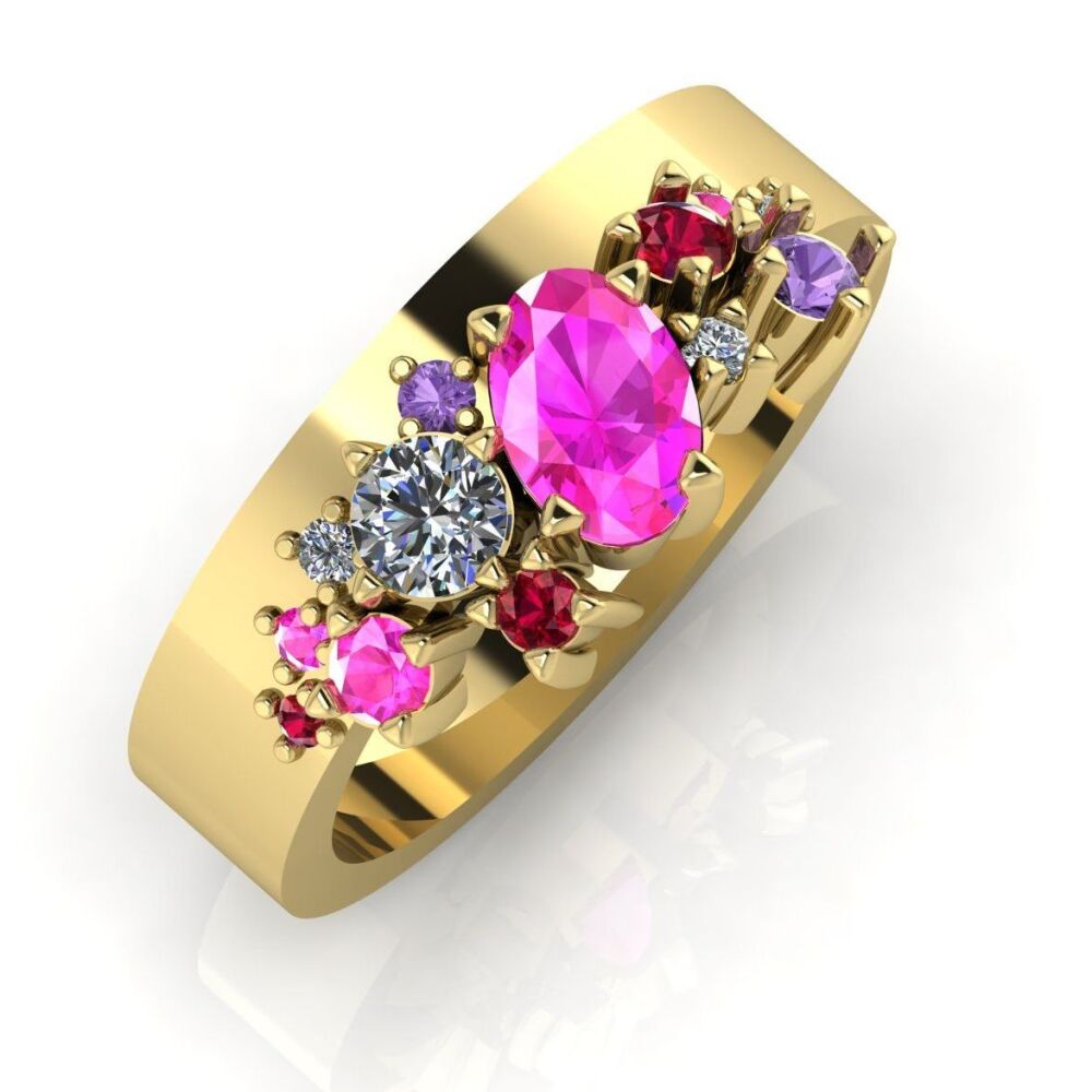 Crystallised Violet Sapphire, Pink Sapphire, Ruby & Diamond Yellow Gold Wed