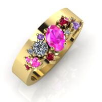 Crystallised Pink Sapphire, Violet Sapphire, Ruby & Diamond Yellow Gold Ring