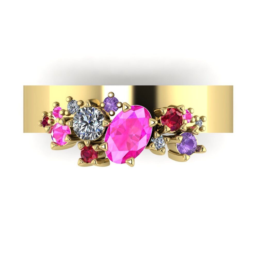 Crystallised Pink Sapphire, Violet Sapphire, Ruby & Diamond Yellow Gold Ring