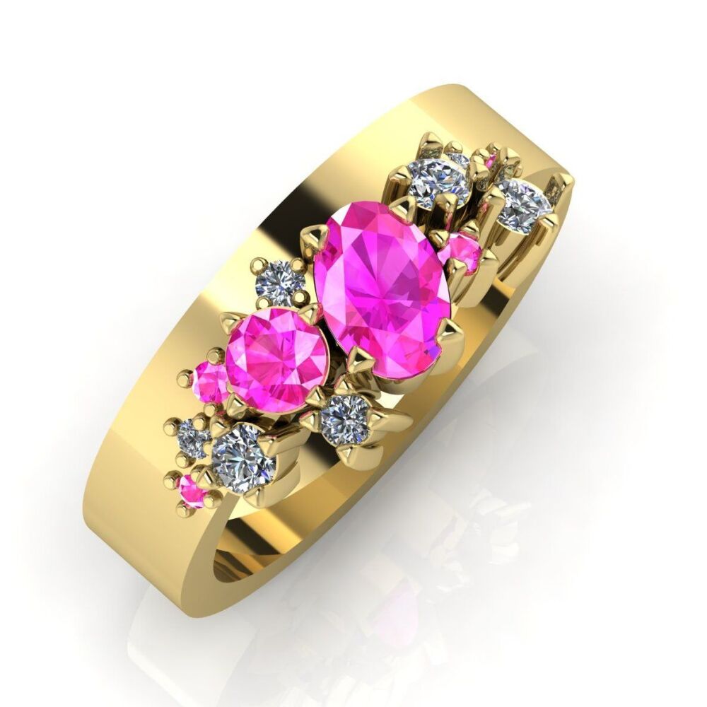 Crystallised Pink Sapphire & Diamond Yellow Gold Wedding or Engagement  Rin