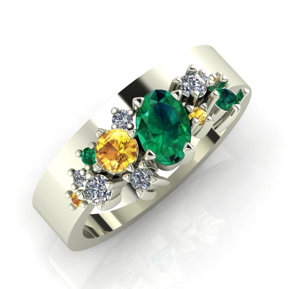 Crystallised Emerald, Yellow Sapphire & Diamond White Gold Ring