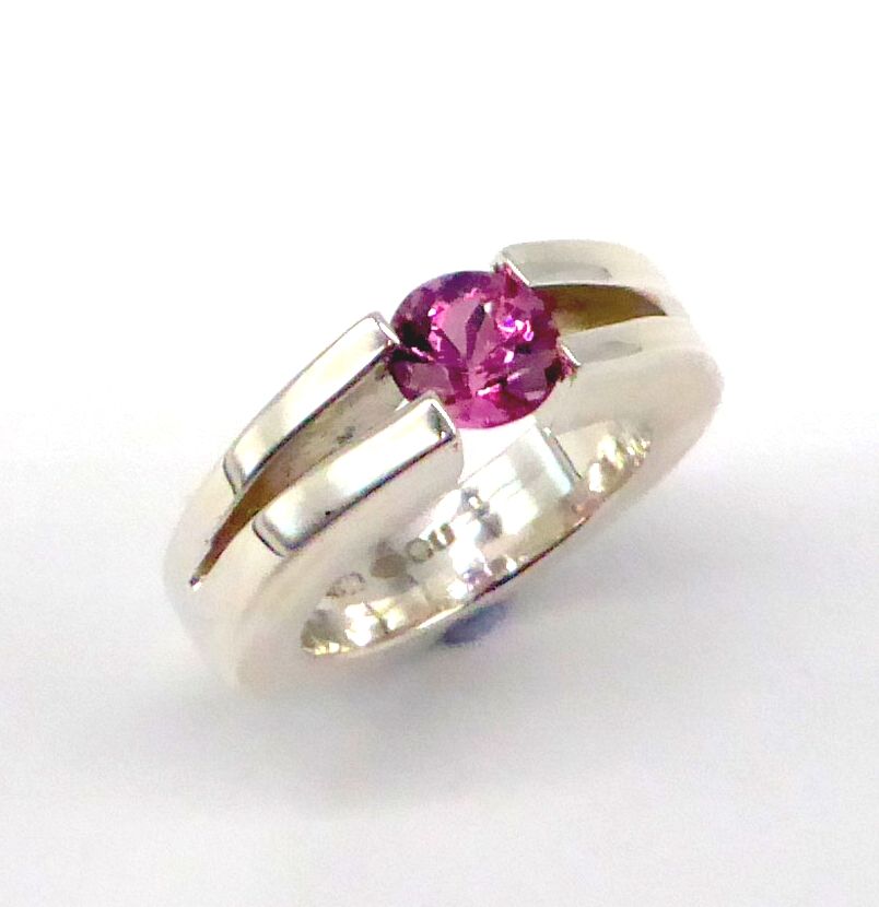 Silver tension set pink tourmaline ring