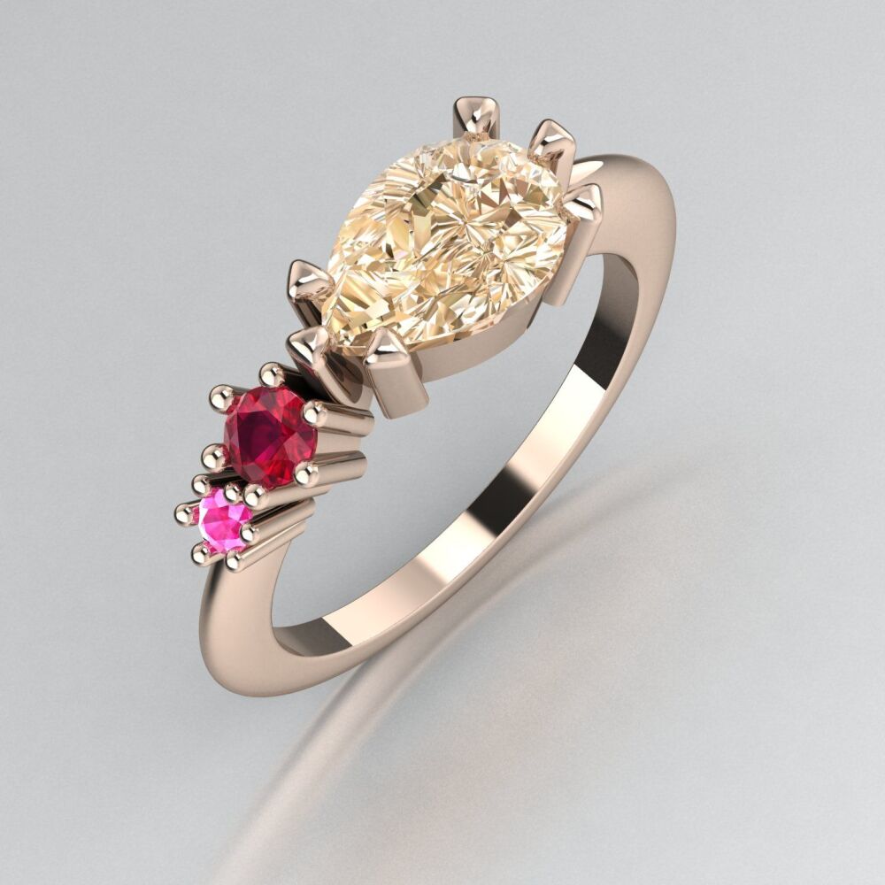 Champagne Diamond, Ruby & Pink Sapphire Rose Gold Comet Ring