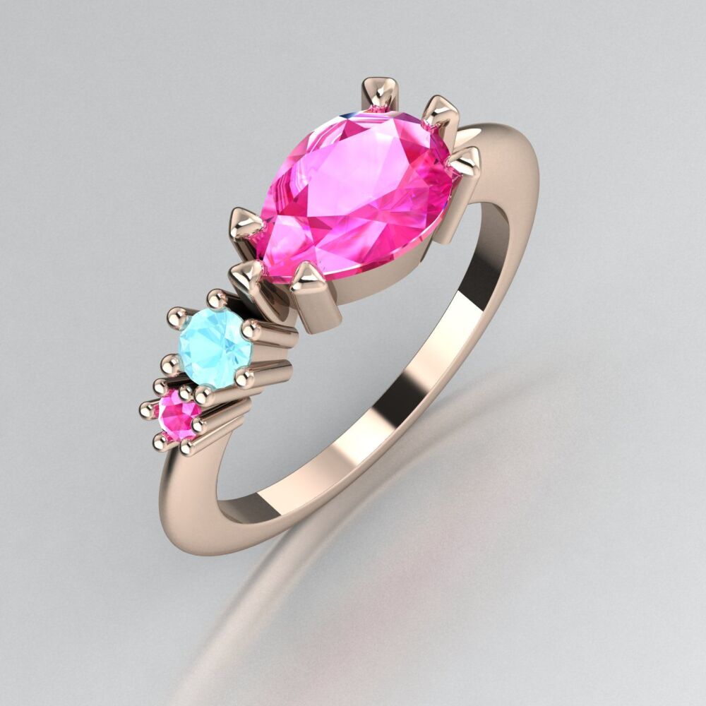 Pink Sapphires & Aquamarine Rose Gold Comet Trilogy Ring