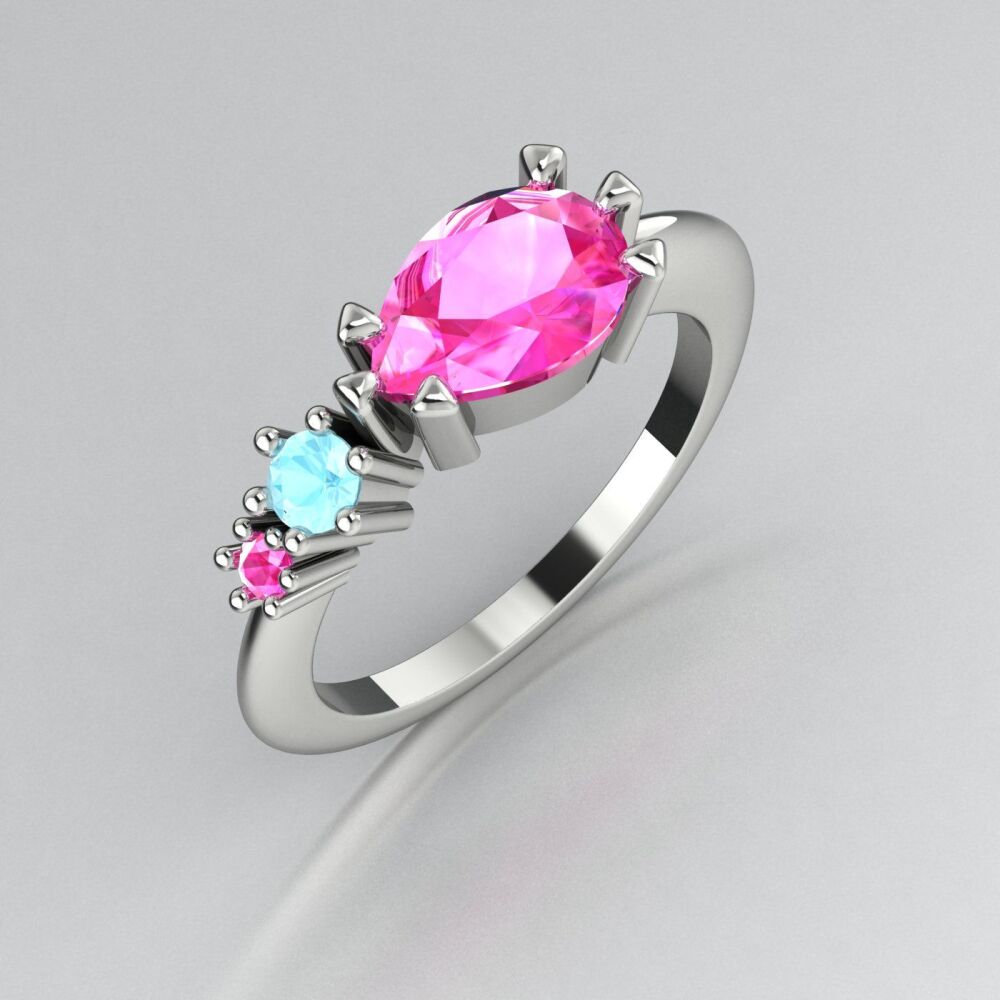 Pink Sapphires & Aquamarine White Gold Comet Trilogy Ring