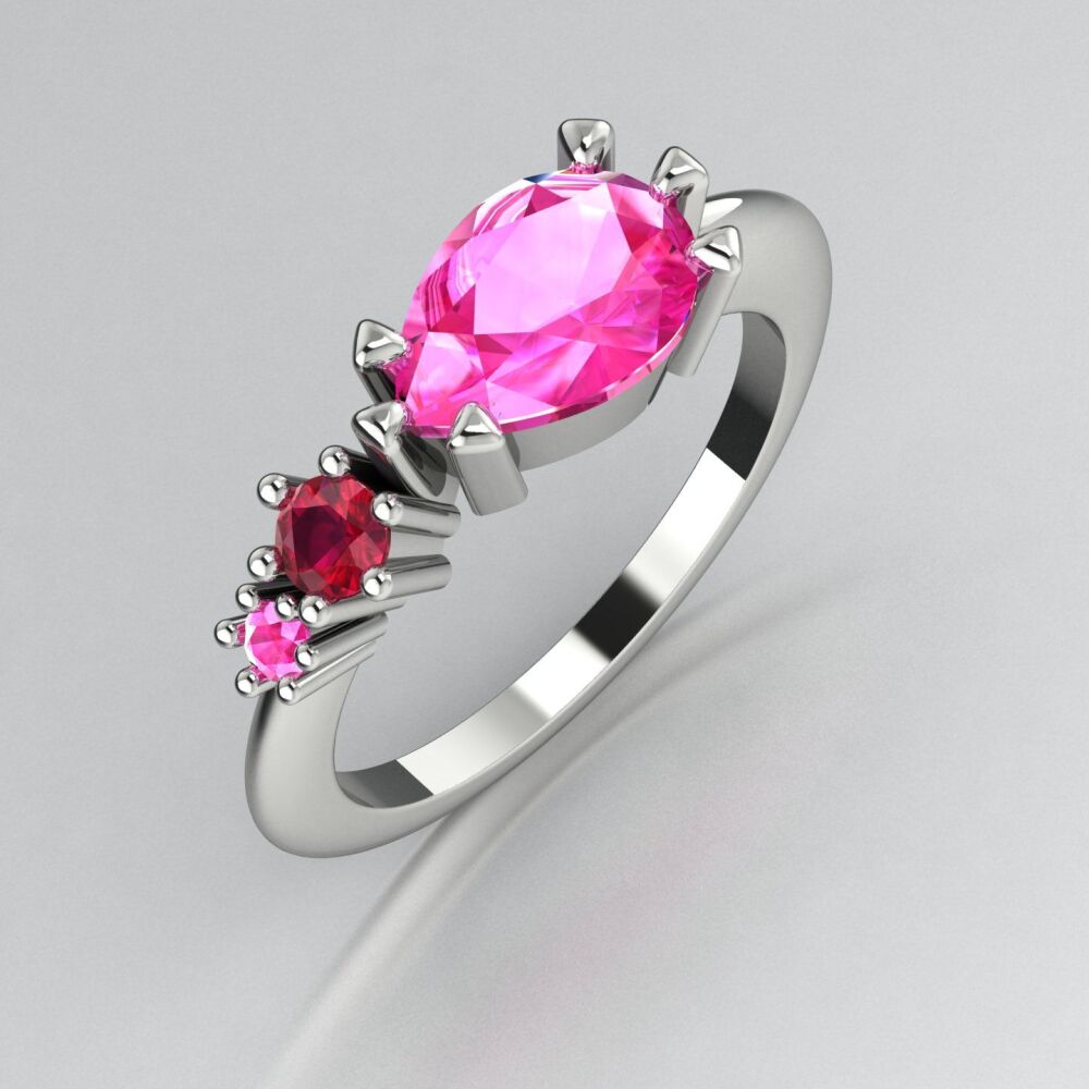 Ruby's & Pink Sapphire Trilogy Comet Ring - White Gold