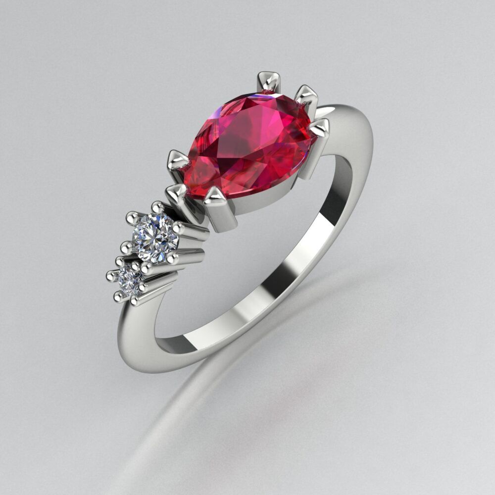 Comet Ring: Pear Shaped Ruby & Diamonds Asymmetrical Gold or Platinum Trilogy Ring