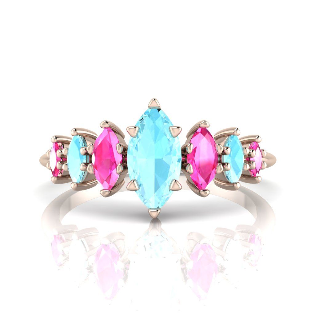 Harlequin - Marquise Aquamarine's & Pink Sapphires Rose Gold Ring