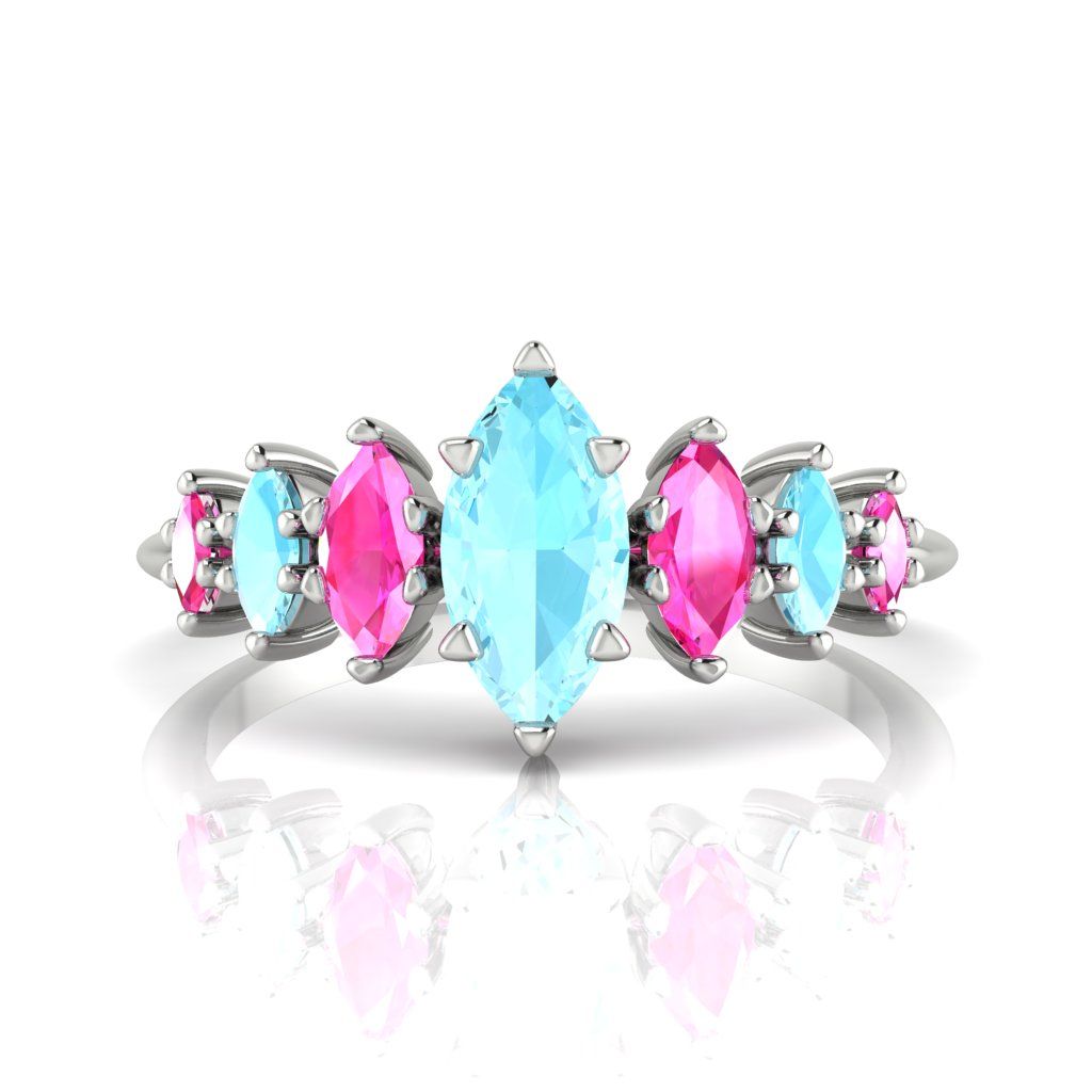 Harlequin - Marquise Aquamarine's & Pink Sapphires White Gold or Platinum Ring