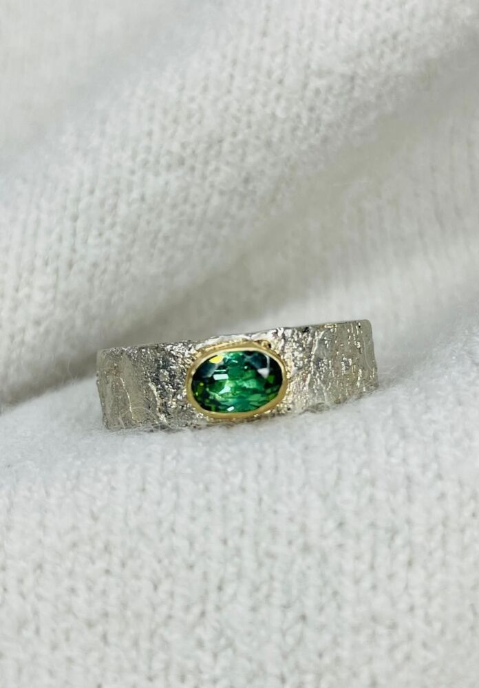 Oval Green Tourmaline Textured Silver With Gold Setting Ring