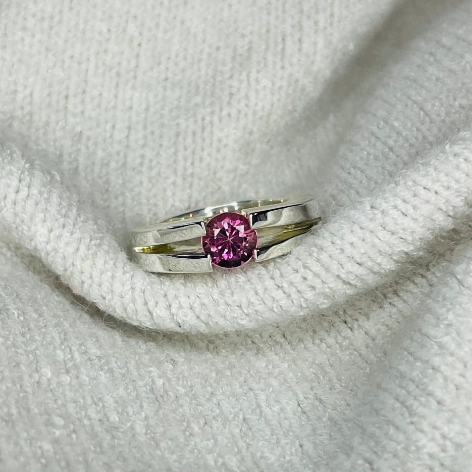 Handmade V Tension Silver Ring Featuring A Rich Pink Tourmaline Gemstone