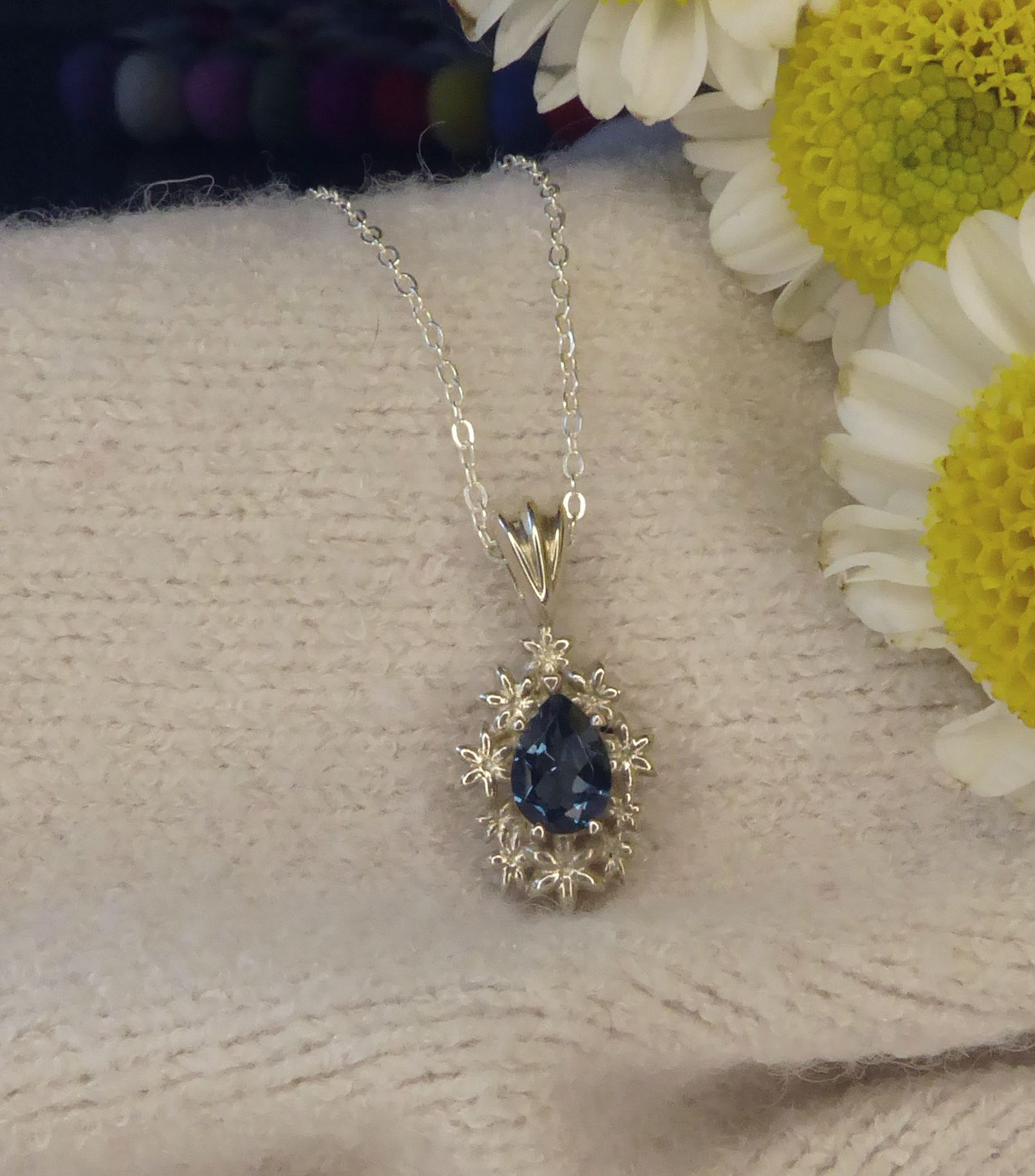 London blue topaz silver fleur pendant