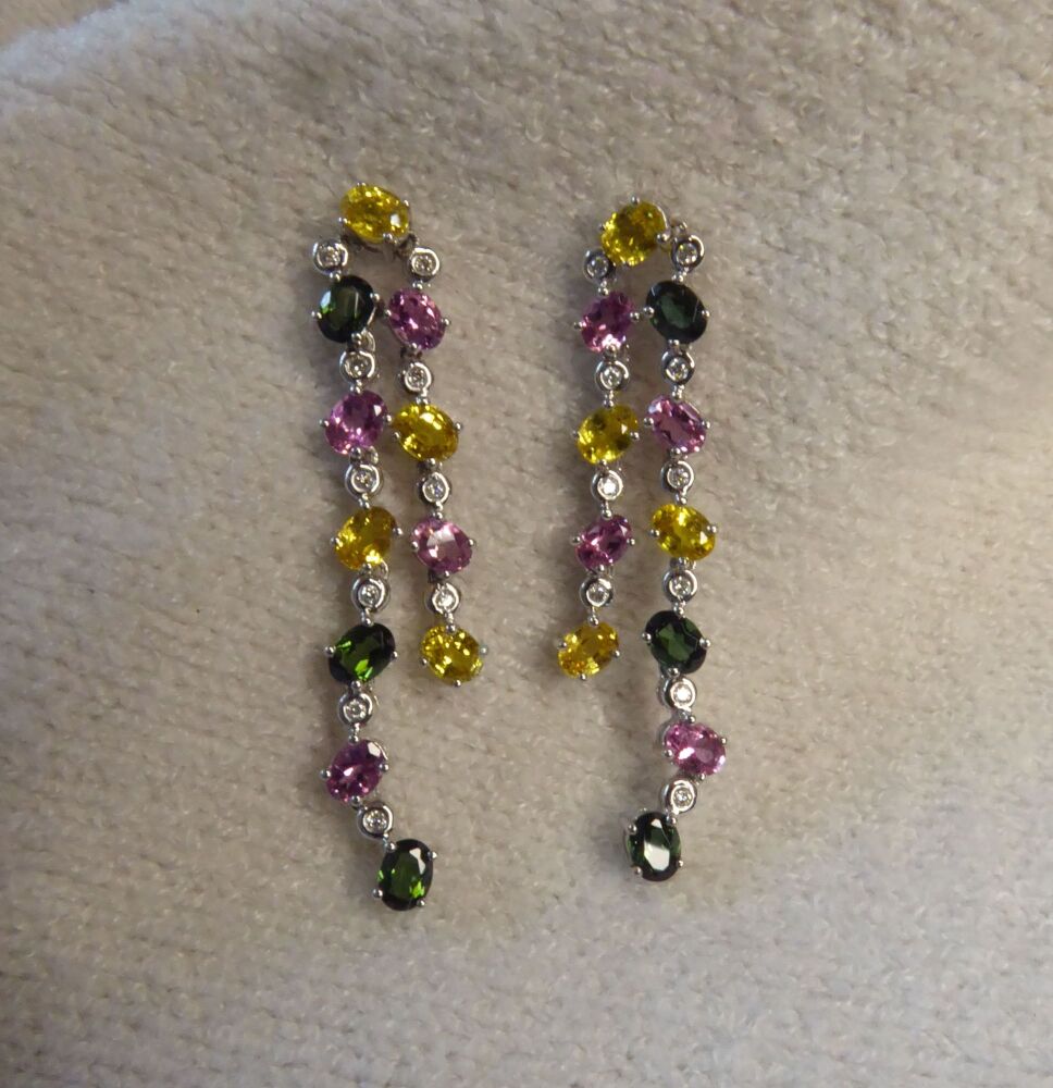 Double Drop Diamond, Sapphire & Tourmaline Earrings