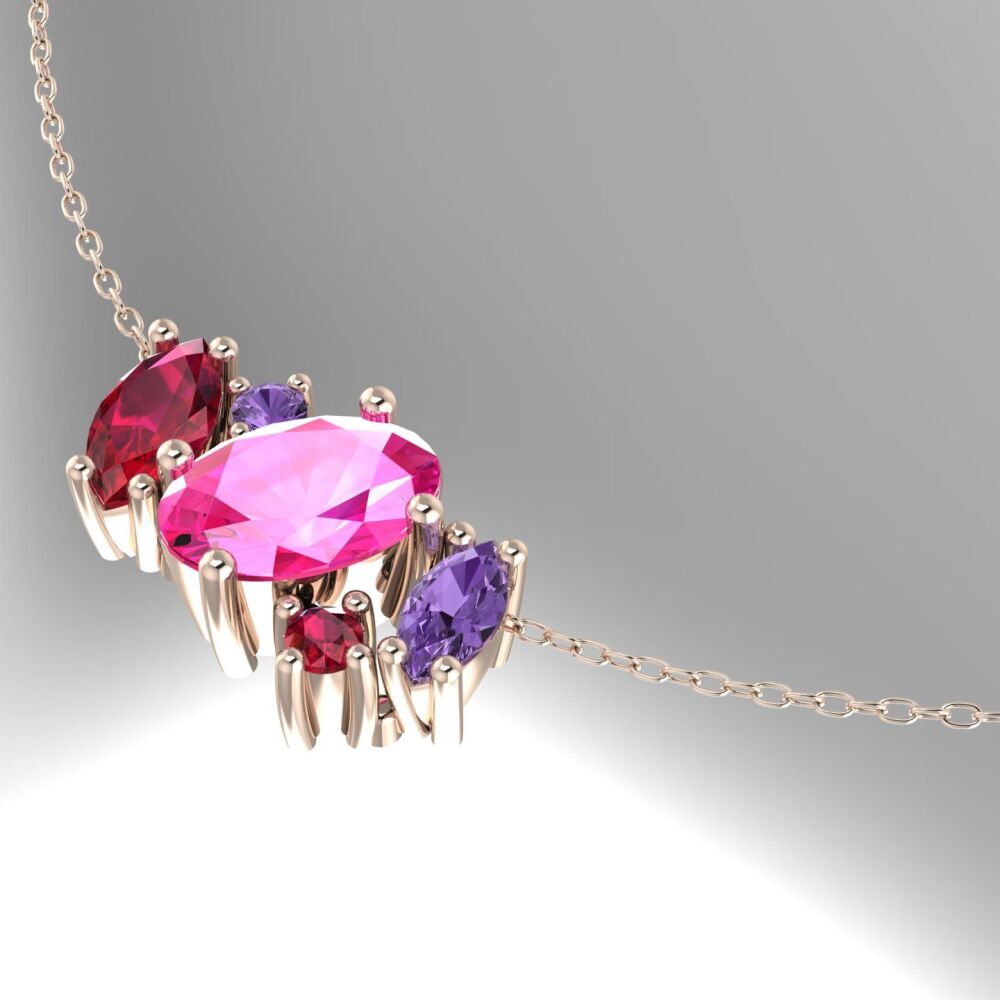 Atlantis Pink & Violet Sapphires With Rubies - 18 Carat Rose Gold Asymmetrical Cluster Necklace