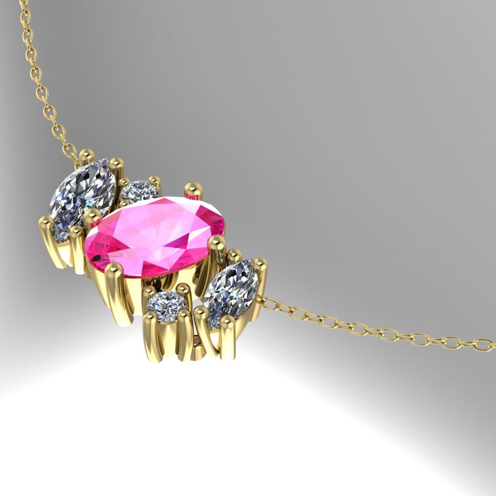 Atlantis Pink Sapphire & Diamonds - 18 Carat Yellow Gold Asymmetrical Cluster Necklace