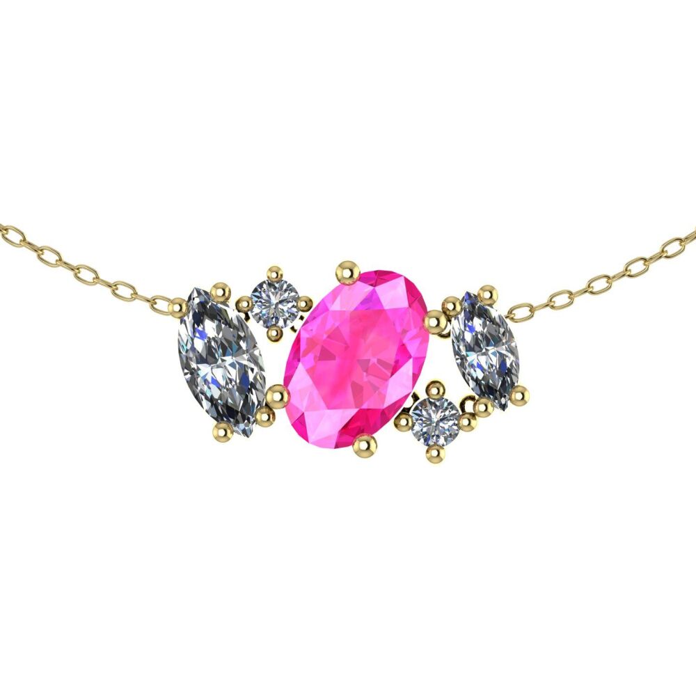 Atlantis Pink Sapphire & Diamonds - Yellow Gold Asymmetrical Cluster Necklace