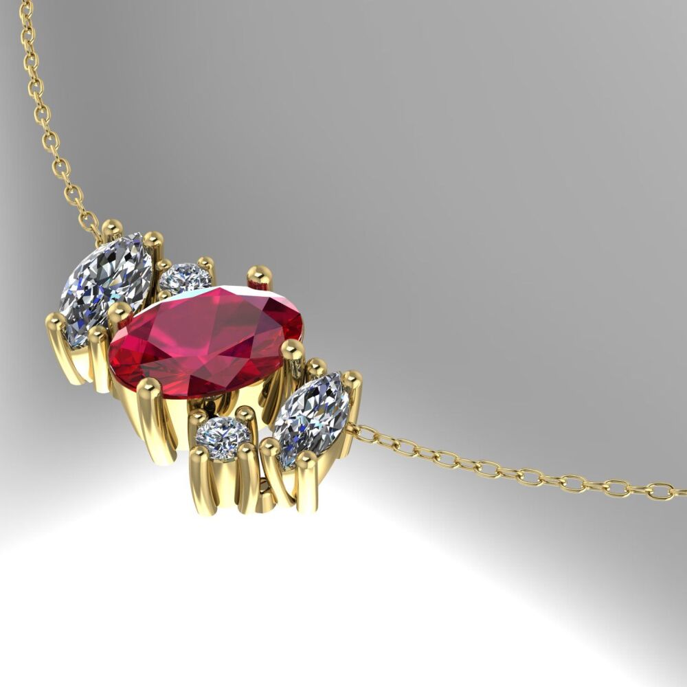 Atlantis Ruby & Diamonds - 18 Carat Yellow Gold Asymmetrical Cluster Necklace