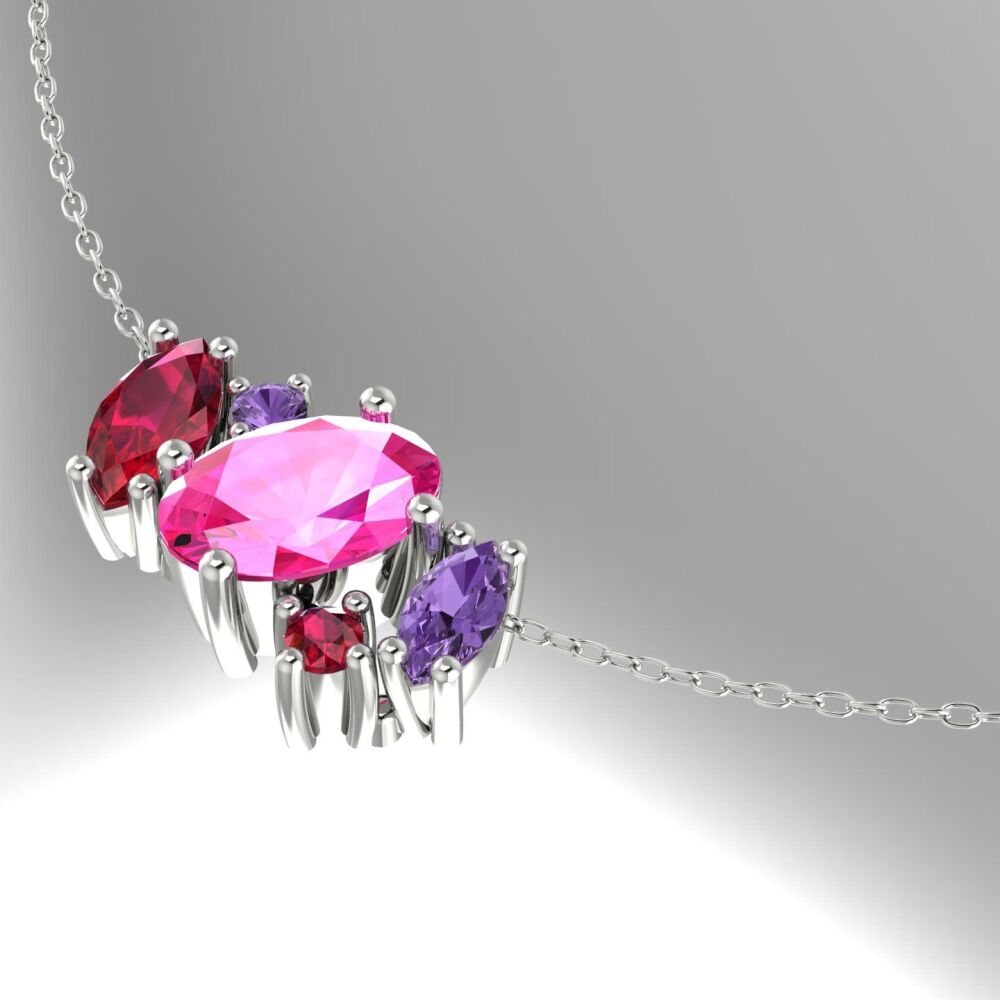 Atlantis Pink & Violet Sapphires With Rubies - Asymmetrical Cluster Necklace