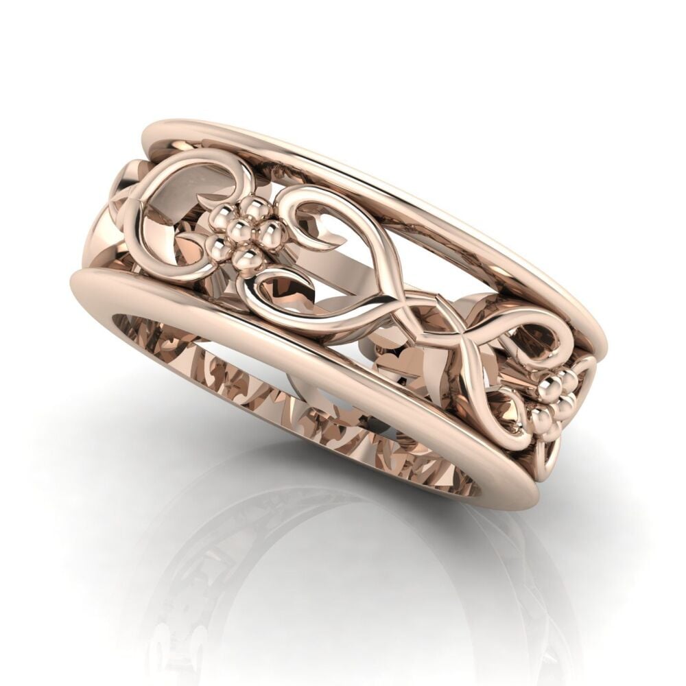 Flowers On The Vine Bordered Floral Patterned Rose Gold Wedding Ring