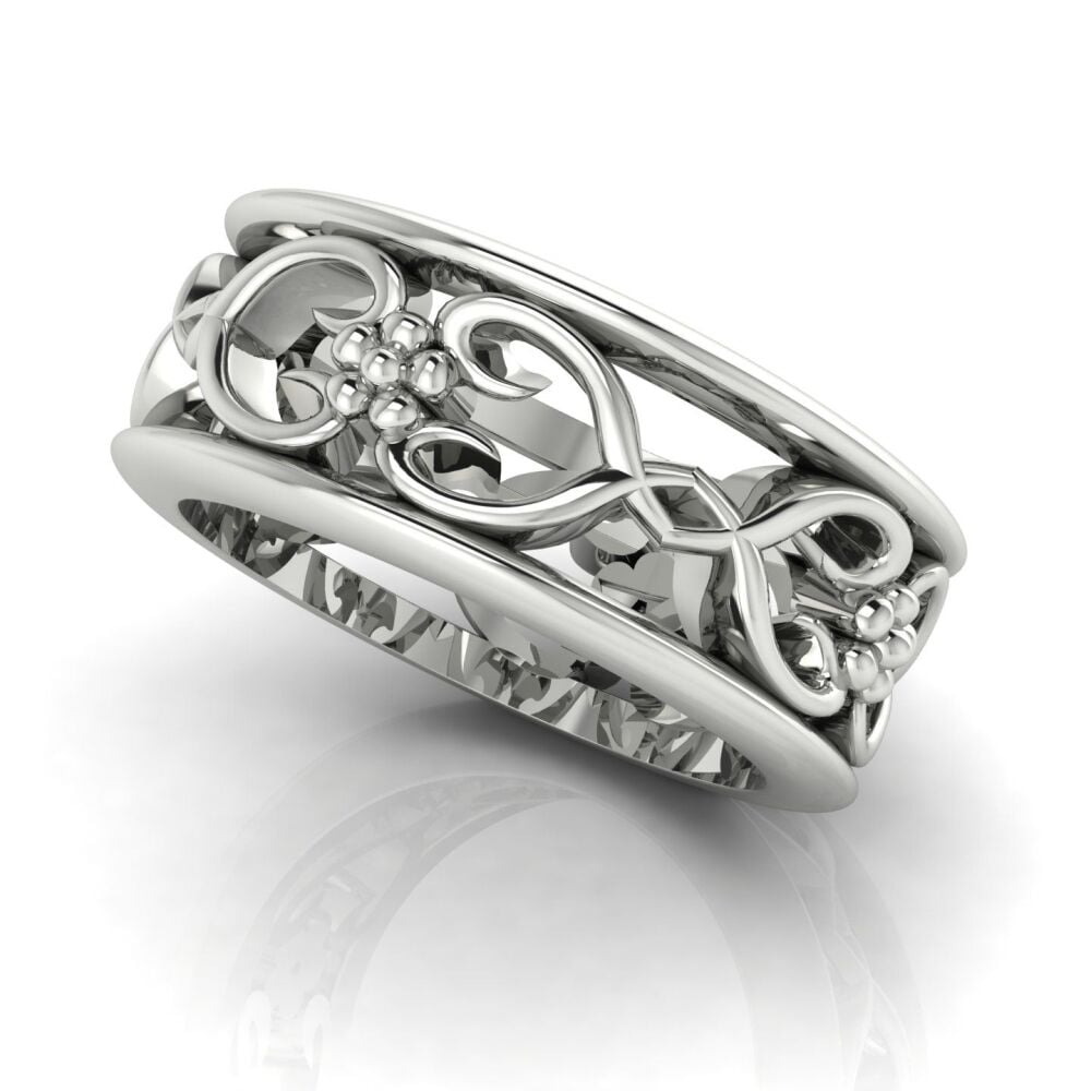 Flowers On The Vine Bordered White Gold Or Platinum Floral Patterned Wedding Ring