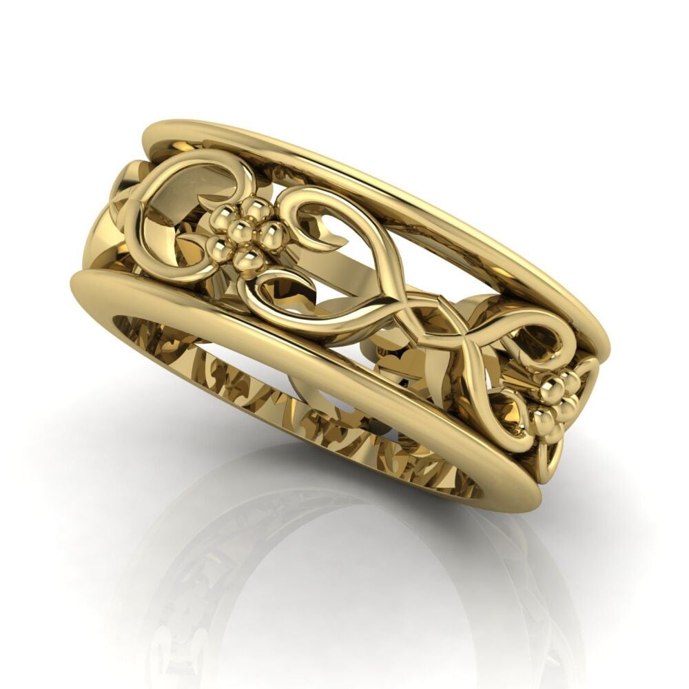 Flowers On The Vine Bordered Yellow Gold Floral Patterned Wedding Ring