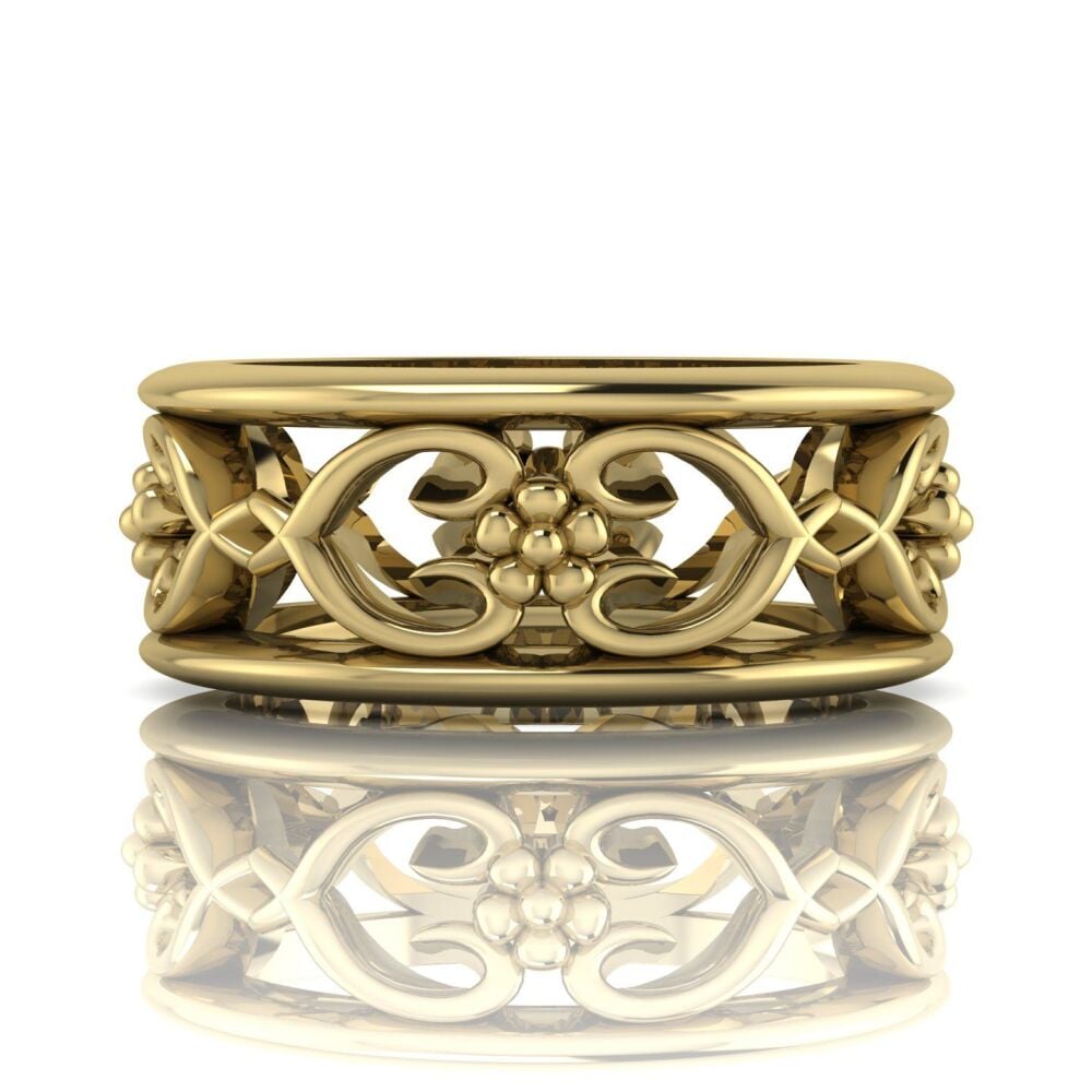 Flowers On The Vine Bordered Yellow Gold Floral Patterned Wedding Ring