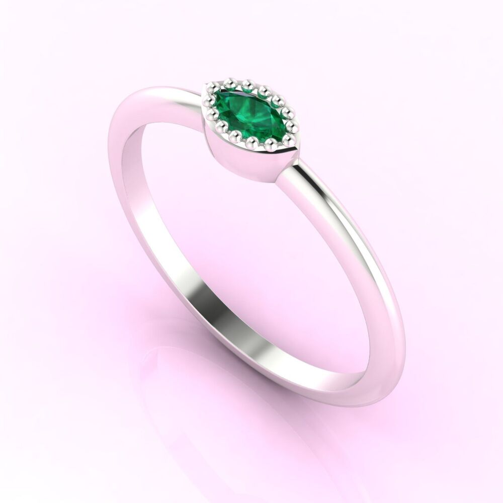 Mini Astraea- Horizontal Dainty Marquise Emerald & White Gold Or Platinum Ring