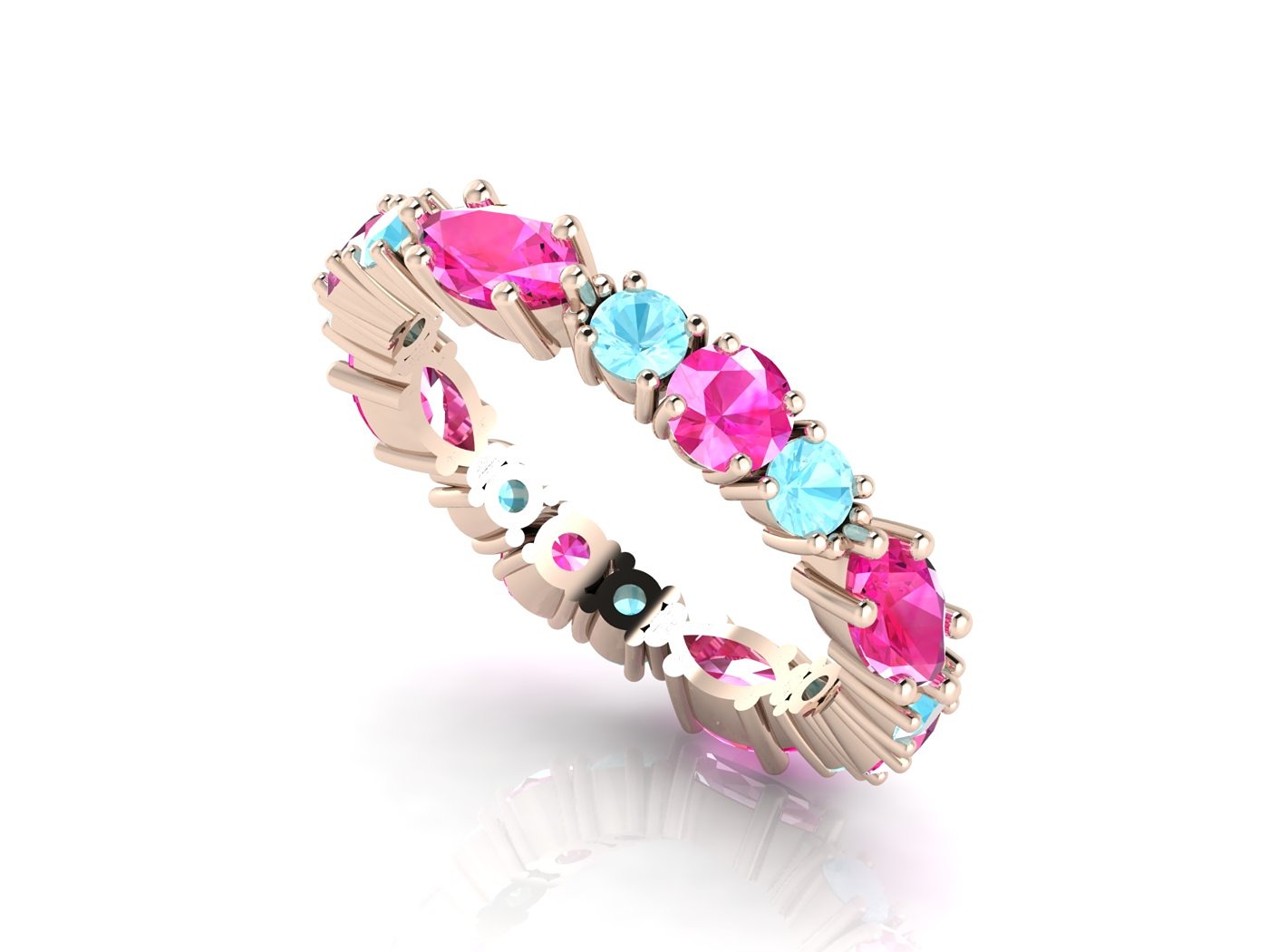 Colourful aquamarine and pink sapphire rose gold eternity ring