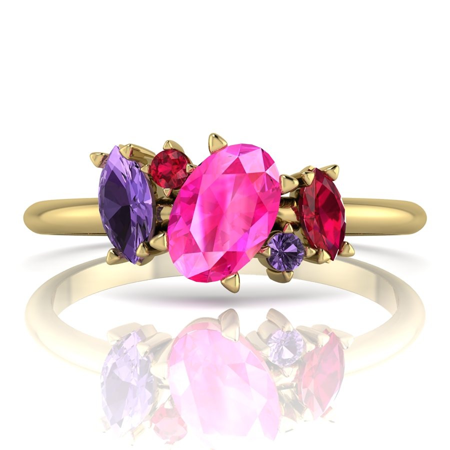 Atlantis engagement ring pink sapphire, violet sapphire and ruby yellow gol