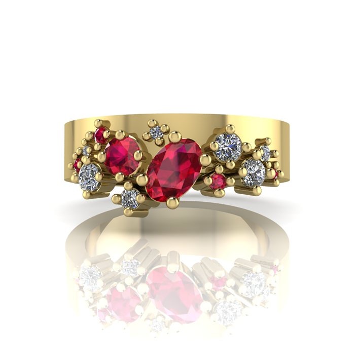 Crystalised  wide band ring with diamond and rubys