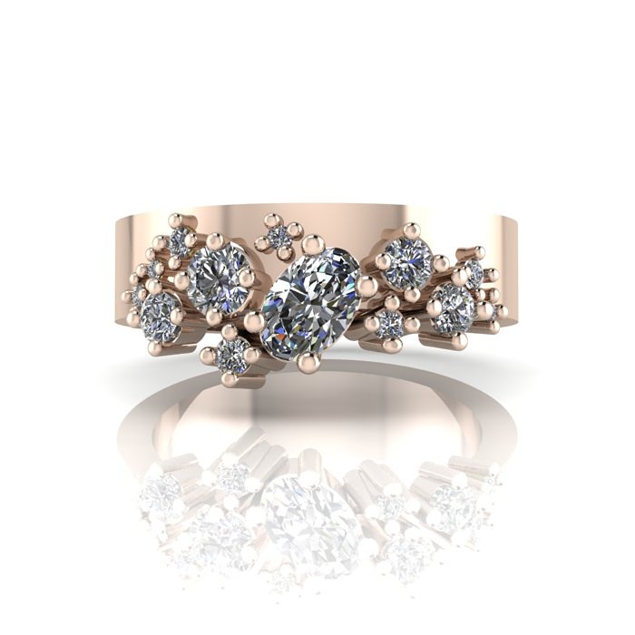 Crystalised rose gols wide band diamond engagement ring