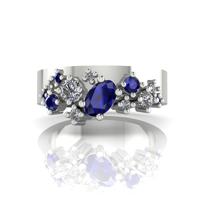 Crystalised wide band engagement ring - diamond and sapphire