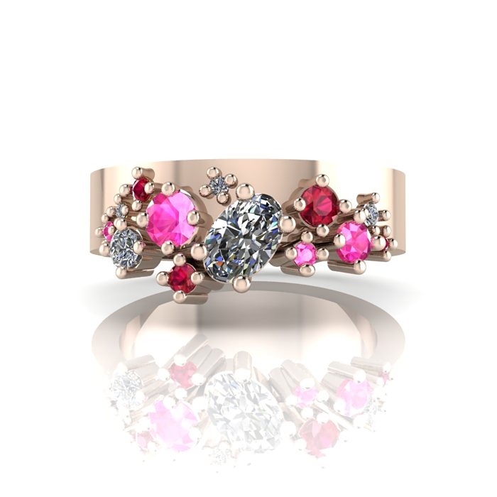 Crystalised wide band pink sapphire , ruby, diamond engagement ring