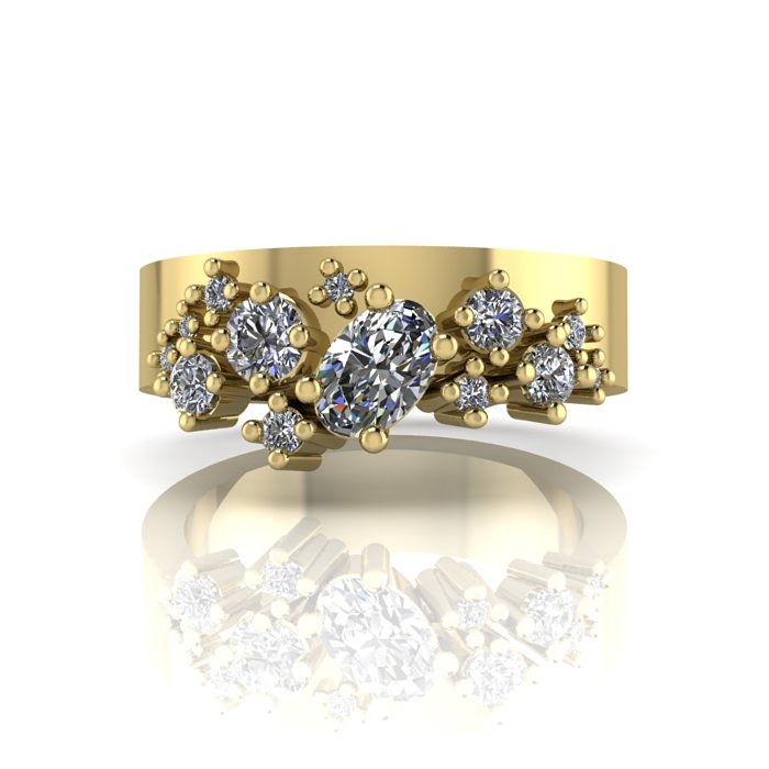 Crystalised wide band yellow gold and diamond engagement ring