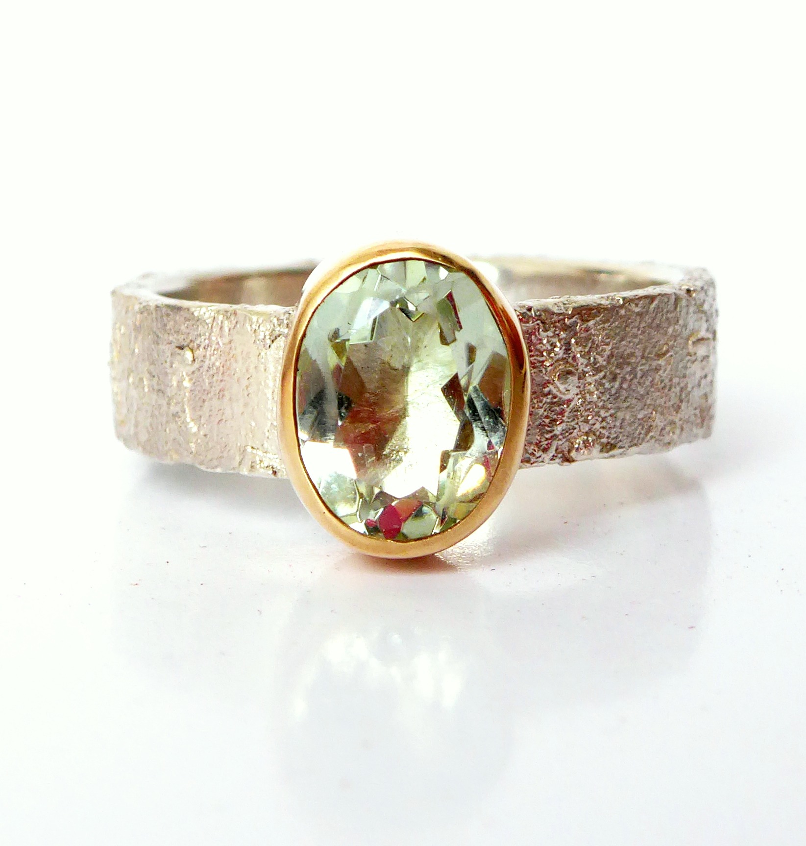 Prasiolite rivda ring - silver with gold unusual engagement ring