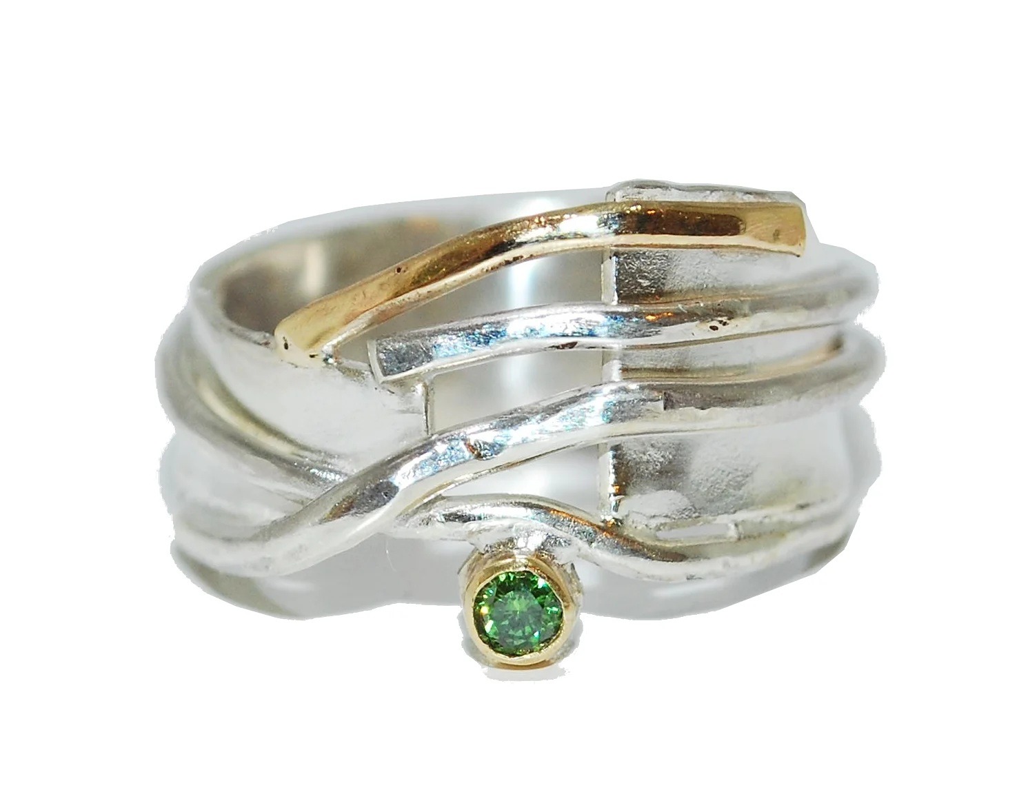 Green sapphire unique handmade silver and gold ring