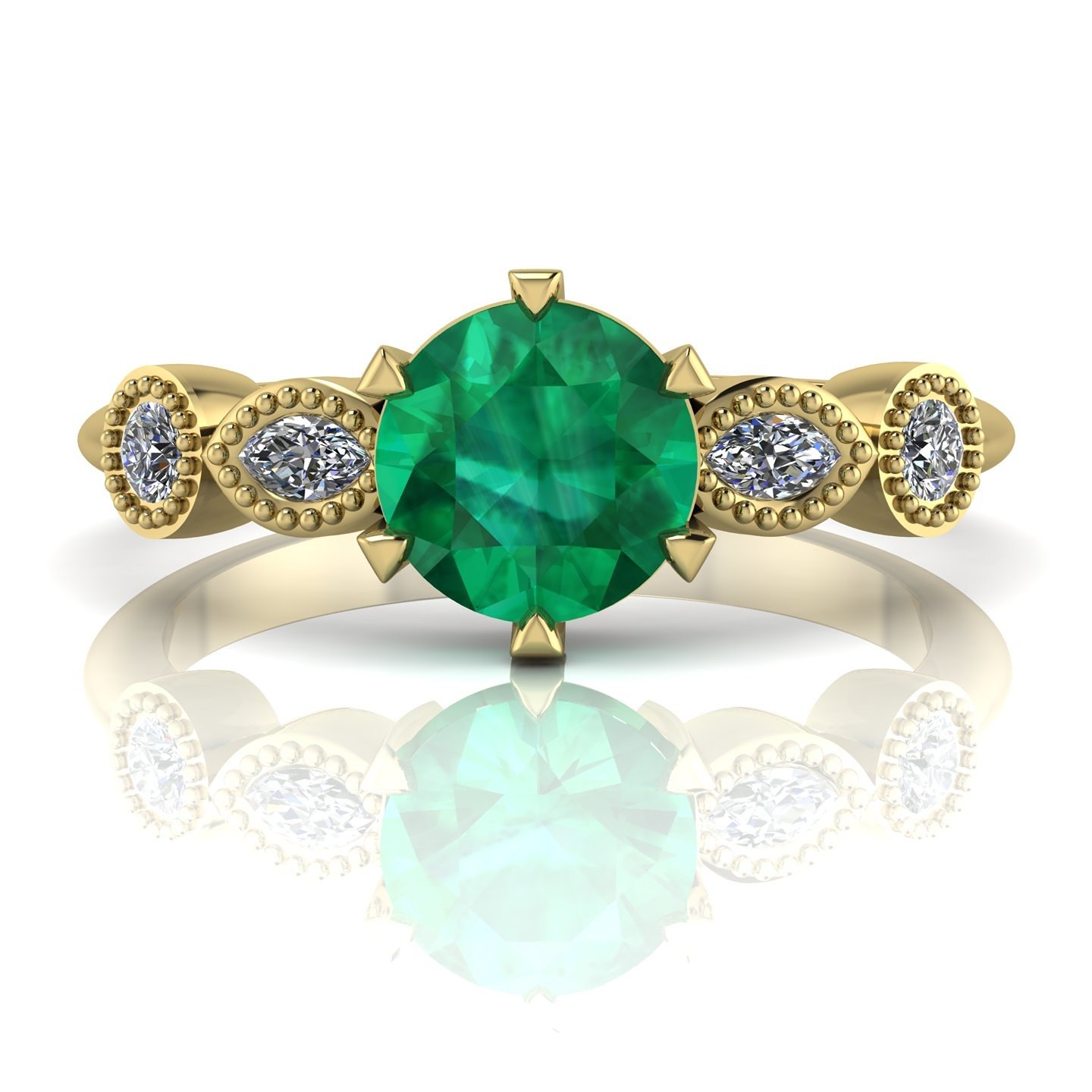 Boho style emerald and diamond claw setting five gemstone engagement ring