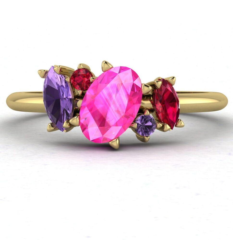 Atlantis: Pink & Violet Sapphires With Rubies Asymmetrical Cluster Engagement Ring