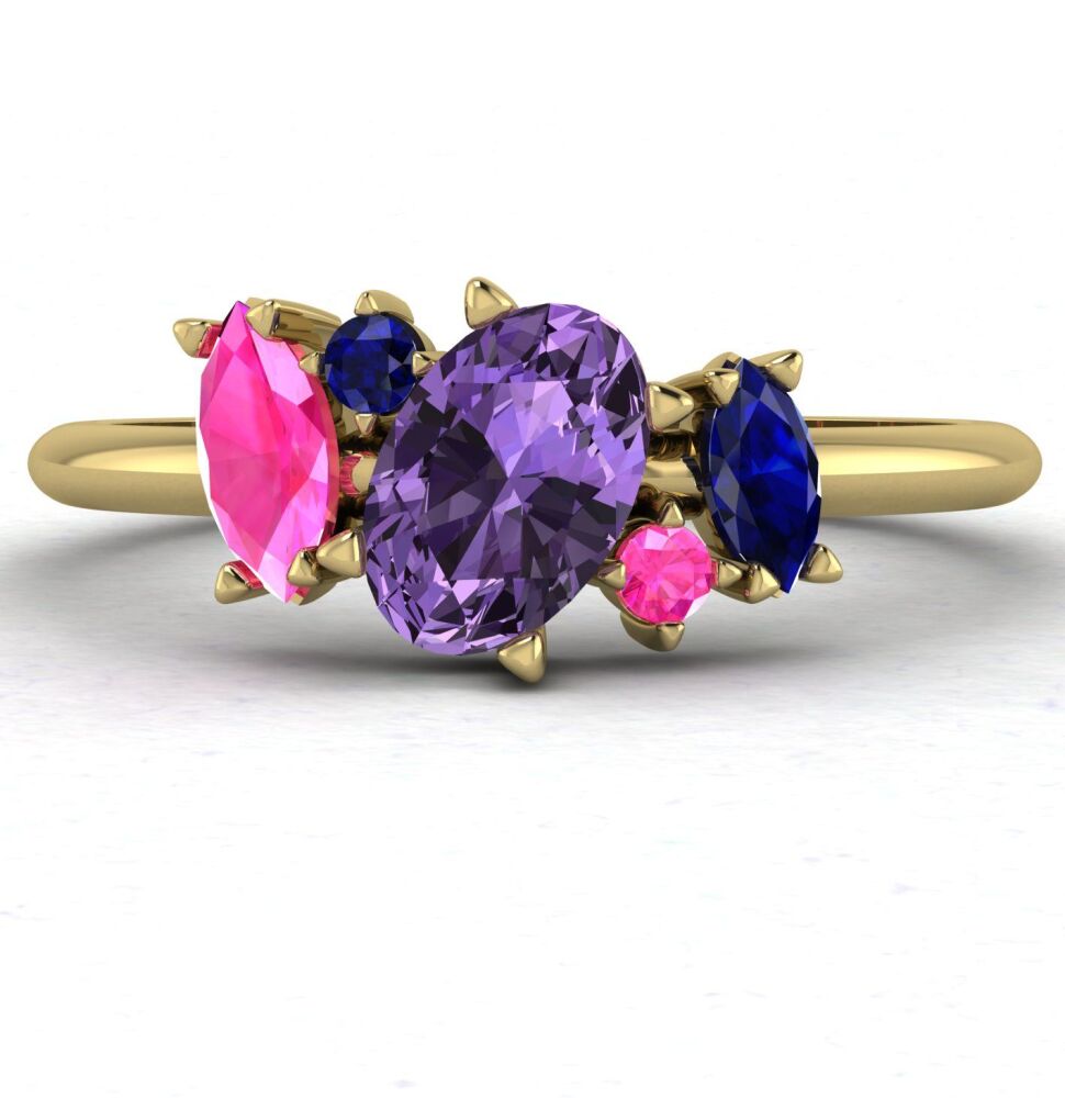 Atlantis: Rainbow Sapphire - Violet, Pink & Blue Asymmetrical Engagement Ri