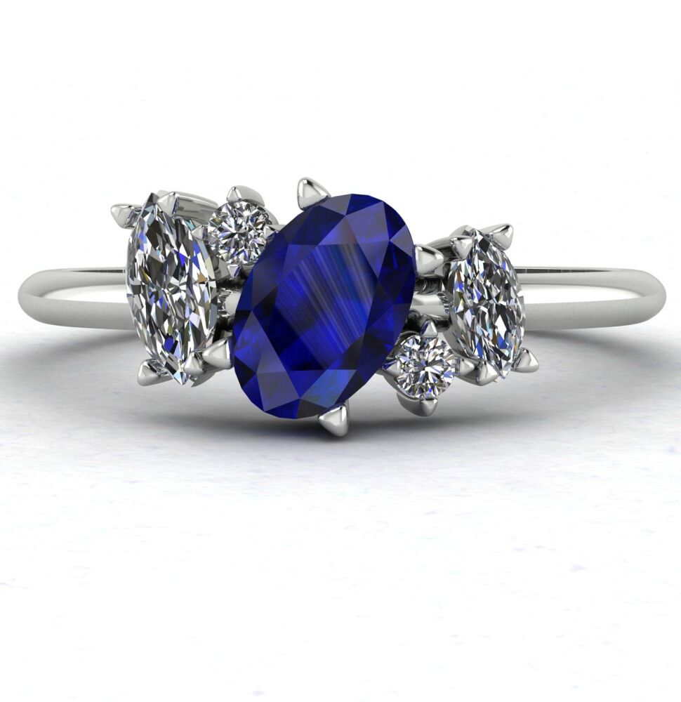 Atlantis: Sapphire & Diamonds Asymmetrical Engagement Ring - White Gold or Platinum