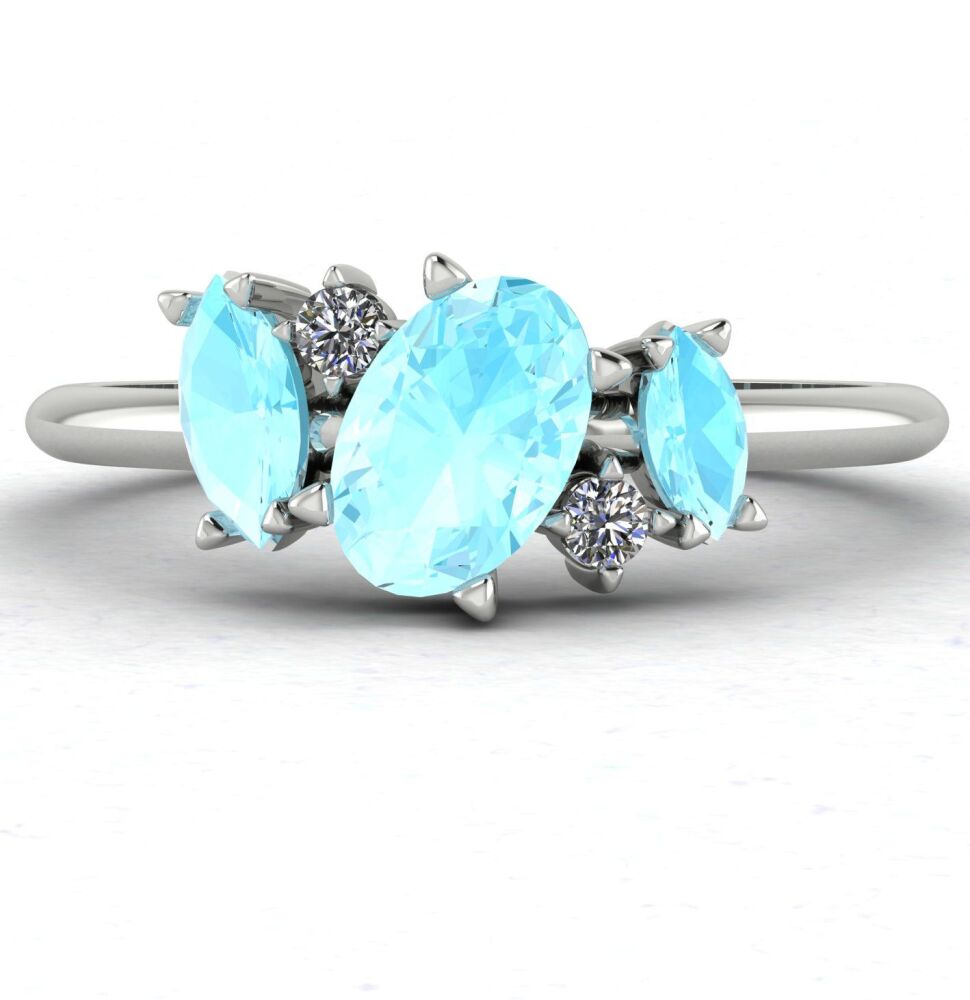 Atlantis: Aquamarine & Diamonds Asymmetrical Cluster Ring - 18 Ct White Gold or Platinum