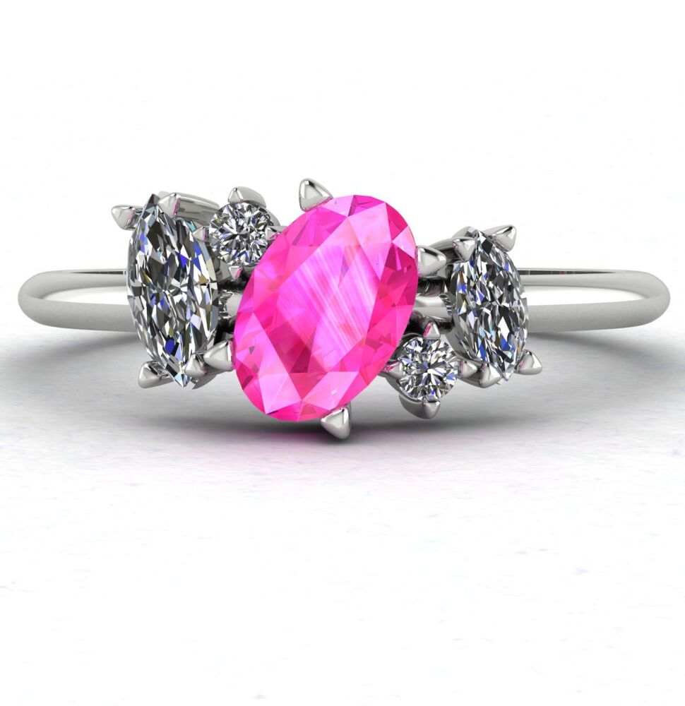Atlantis: Pink Sapphire & Diamonds Asymmetrical Engagement Ring - White Gold or Platinum